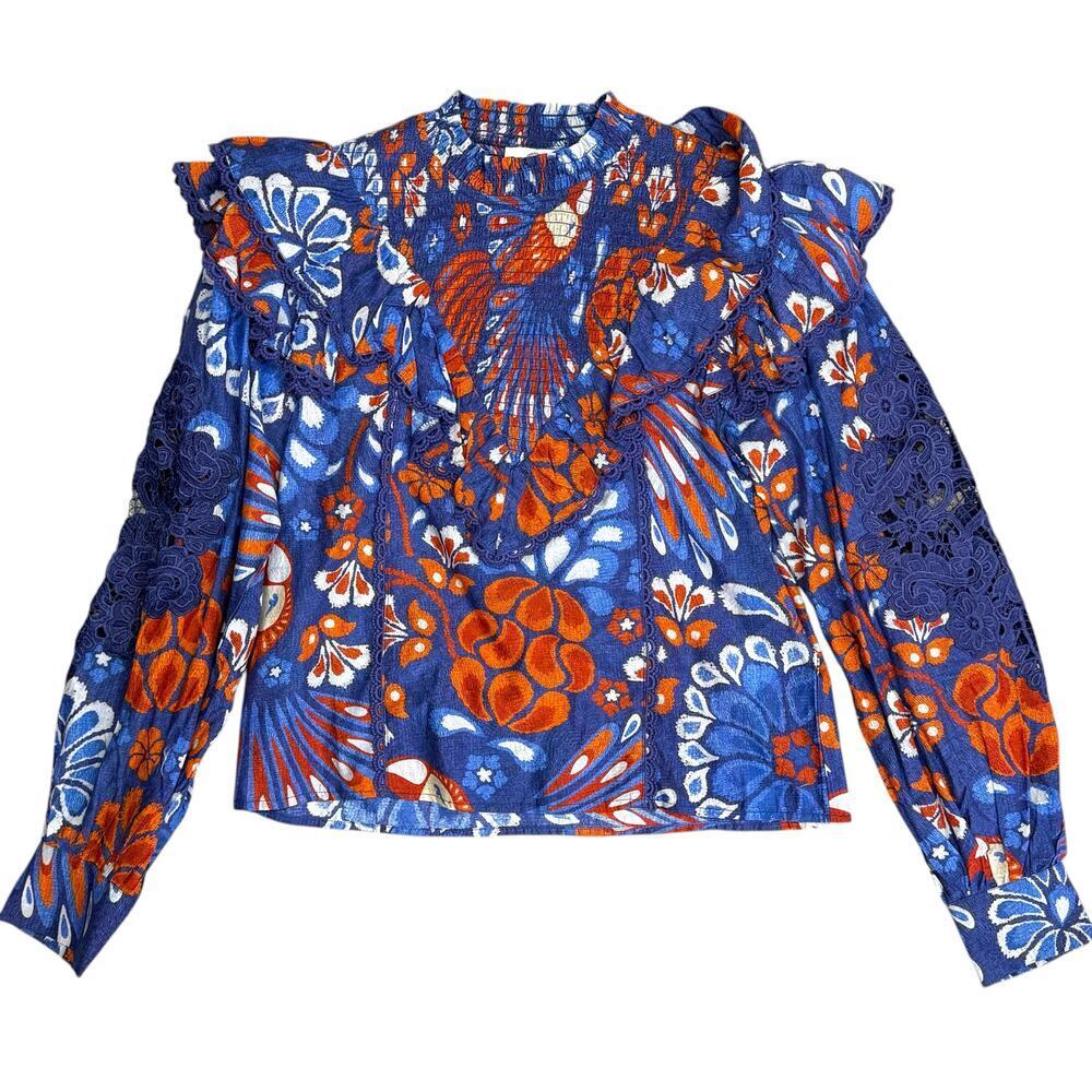 Farm Rio Pineapple Flowers Navy Ruffled Blouse Size XS - Picture 4 of 16